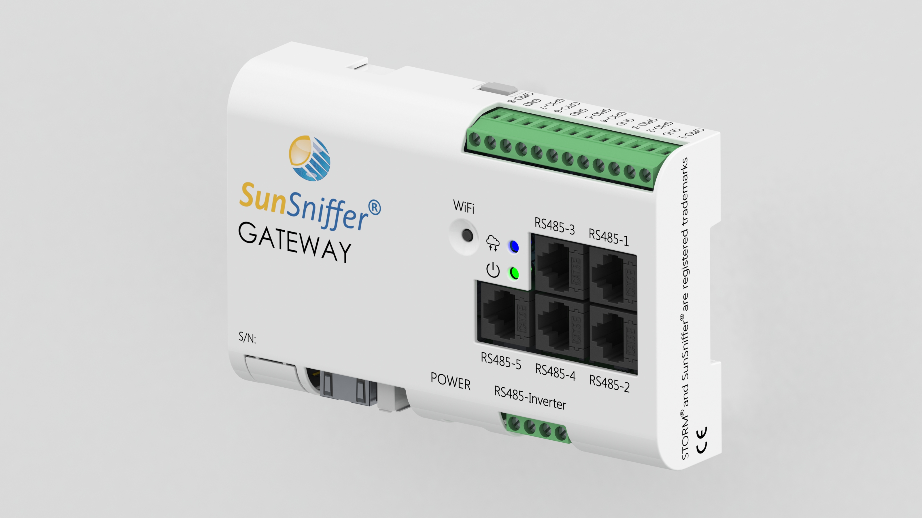 SunSniffer Gateway — DIN-rail plant computer with RS485 channels, GPIO terminals and WiFi