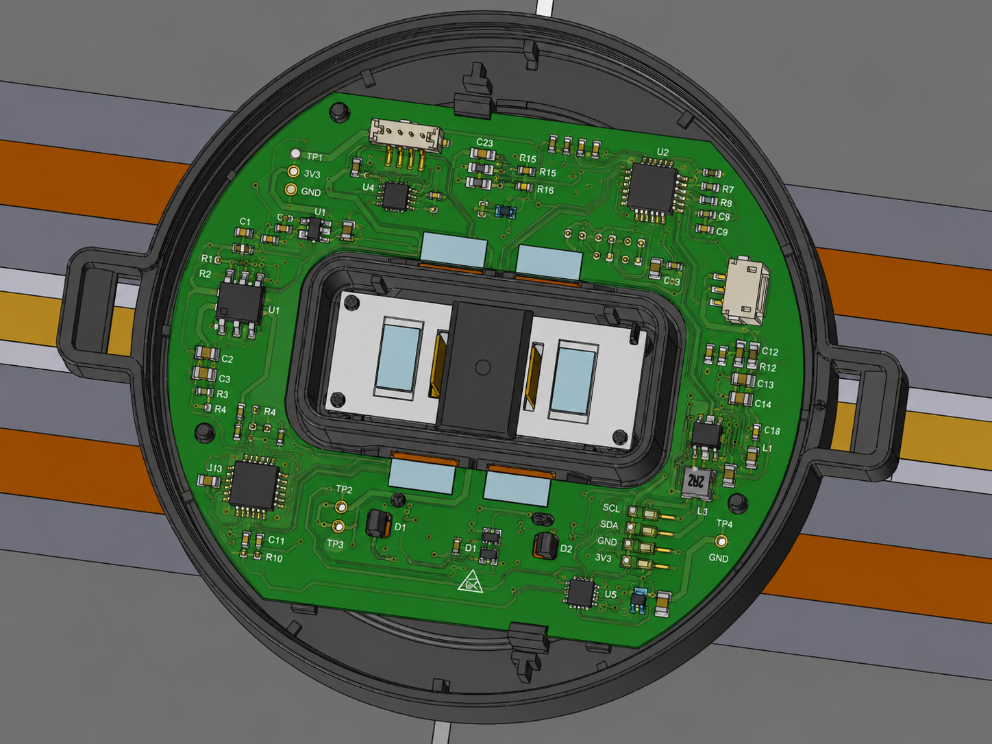 QC Solar round junction box, RSD variant — open middle part with the SunSniffer RSD electronics board